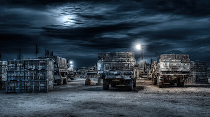 Nighttime urban checkpoint with military trucks, barricades, and weapon crates illuminated by harsh floodlights, evoking tension under martial law