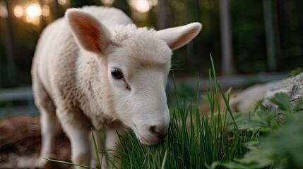 Obraz premium An inquisitive young lamb enjoys fresh grass in a tranquil forest as the sun sets, casting a warm glow on its surroundings