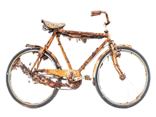 Vintage rusty bicycle with weathered frame and spokes isolated on transparent background