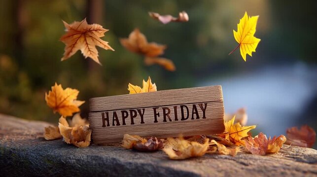 Happy friday autumn leaves falling near wooden board sign