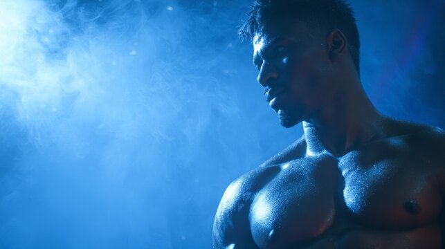 A powerfully built individual exudes intensity and focus against a captivating backdrop, showcasing dedication, physical prowess, and unwavering resolve, embodying the essence of strength and