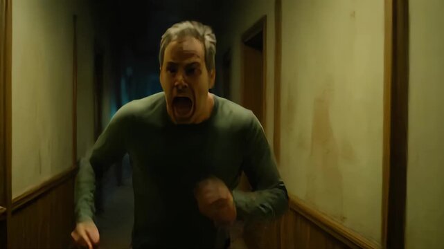 Terrified man runs down a dark, narrow hallway in panic, lit with moody and cinematic lighting