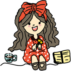 girl with a book and flower and coffe