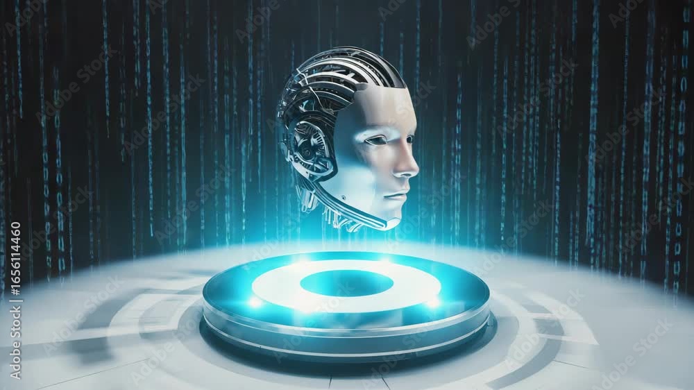 Poster hovering above a futuristic platform, an ai head processes cascading binary code in a dark cyberspac
