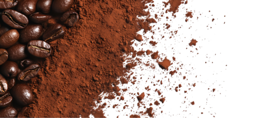 Roasted coffee beans and ground powder cascade, perfect for cafe branding, food blogs, and culinary projects, creating a rich sensory experience
