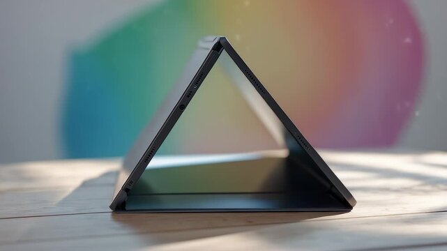 Foldable Tablet Triangle Shape Colorful Background Modern Design Indoor Light Wood Surface