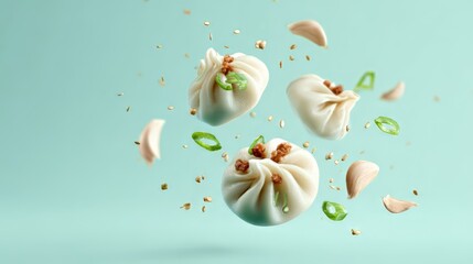 Three dumplings and garnishes floating in the air against a light blue background in a studio shot