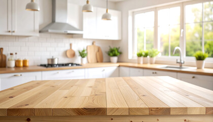 Bright, airy kitchen; rustic light wood table top; blurred Scandinavian style background; perfect for product placement or food photography.