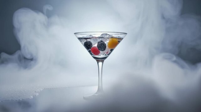 Elegant Cocktail Amidst Vapor: A refreshing cocktail adorned with colorful berries sits elegantly amidst swirling vapor. An aesthetic and tantalizing composition