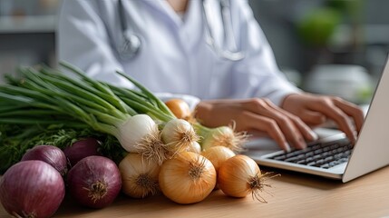 A nutritionist prepares a report while surrounded by fresh vegetables, focusing on healthy eating practices and food management