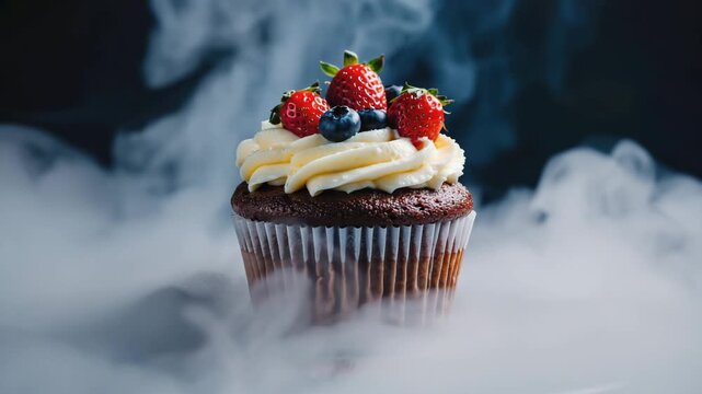 Delectable Cupcake: A tantalizing cupcake adorned with fresh berries, enveloped in an ethereal cloud of vapor, creates a sensory experience. 