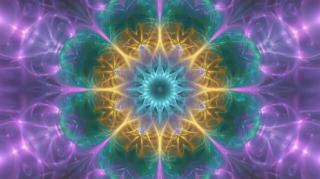Intricate turquoise and gold fractal patterns intertwine, forming a mesmerizing mandala with a symmetrical design, radiating a sense of balance and harmony