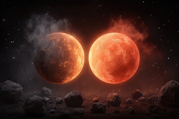 Two Glowing Red Pixel Planets In Dark Space