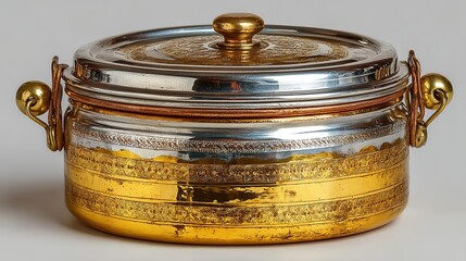 Ornate Metal Container with Intricate Engravings and Dual Handles for Decorative Storage or Display