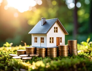 House model on coins with green background.
