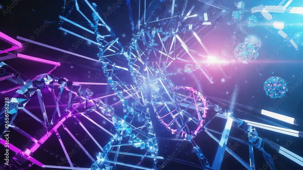 Poster glowing double helix dna strands rotate in a futuristic digital cyberspace, surrounded by geometric 
