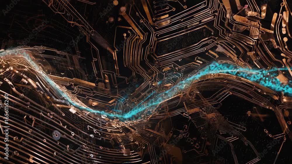 Poster light blue data stream flowing through golden circuit board, creating a futuristic technological lan