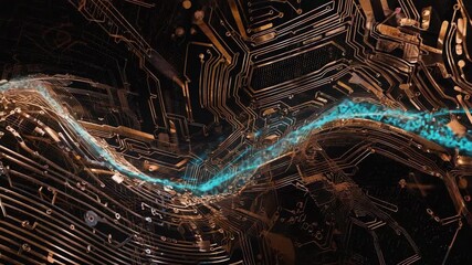 Light blue data stream flowing through golden circuit board, creating a futuristic technological landscape representing digital information processing and advanced computing - Powered by Adobe
