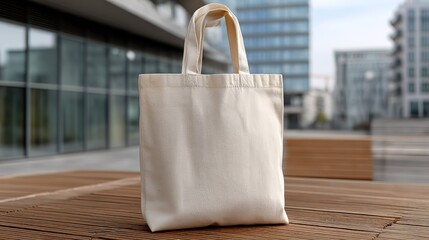 Beige Canvas Tote Bag on Urban Outdoor Table, Ideal for Shopping and Eco-Friendly Carry