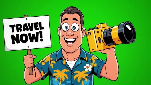 Enthusiastic cartoon traveler promoting exotic destinations with camera and travel sign
