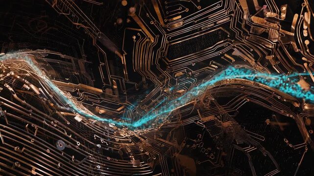 Light blue data stream flowing through golden circuit board, creating a futuristic technological landscape representing digital information processing and advanced computing - Powered by Adobe
