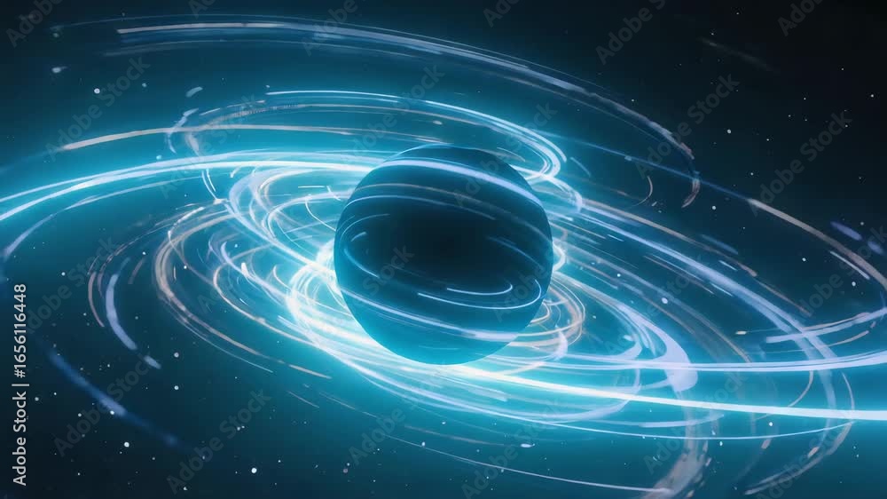 Poster bright cyan rings orbiting and rotating around a dark planet create a mesmerizing cosmic scene in th