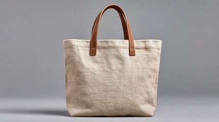 Beige Canvas Tote Bag with Brown Leather Handles for Everyday Use and Shopping