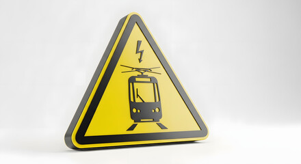 High voltage danger sign for electric railway. Yellow triangular symbol with a tram and lightning bolt icon