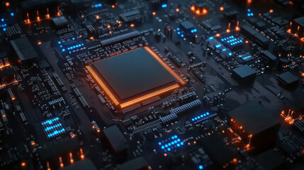 Obraz premium Glowing computer chip and CPU motherboard technology circuit board