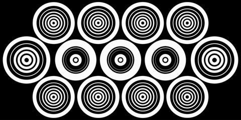 A collection of twelve circular graphic elements, set against a black background. Each element is composed of radiating, concentric, thin, white lines forming various circular and spiral patterns. Som