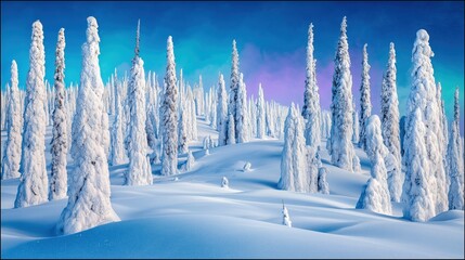 Frozen Tundra Under Dazzling Northern Lights, Endless Snowfield with Scattered Pine Trees, Vivid Green and Purple Aurora Glow Across Arctic Sky
