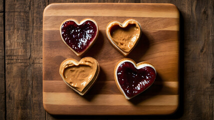 Fototapeta premium Romantic PB&J sandwiches in heart shapes on a rustic board, symbolizing love and comfort food.