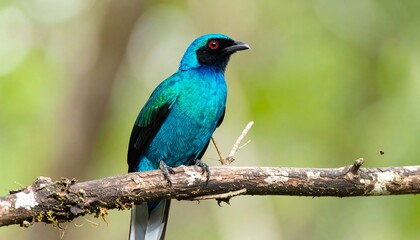 Obraz premium A vibrant, vivid blue bird perches serenely on a weathered branch against a soft, out-of-focus backdrop of greenery.