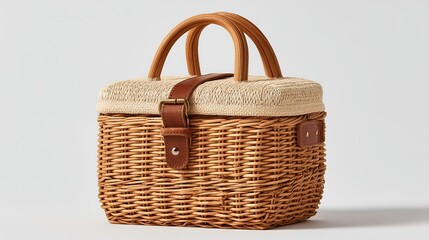 Wicker Basket with Leather Strap and Handles for Picnic and Storage