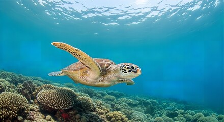 Fototapeta premium Sea Turtle Over Coral Reef