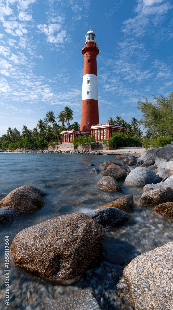 Poster a long exposure showcases a lighthouse with calm waters and rocky textures under a cloudy sky, creat