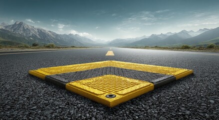 Highway safety pad, centered on asphalt road, mountains in background