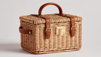Wicker Basket with Leather Handles and Brass Latch for Picnics and Storage