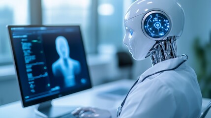 A humanoid robot doctor using advanced technology while analyzing data in a modern healthcare setting