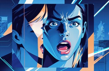 Woman with shocked expression in comic book style with vibrant blue tones and cityscape background