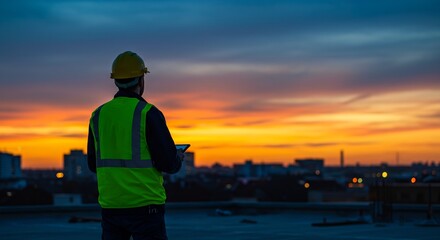 Person in safety vest and helmet stands on rooftop looking at sunset over city buildings holding a tablet