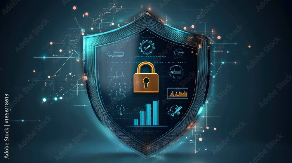 Poster technological abstract background on the topic of information protection and computer security.