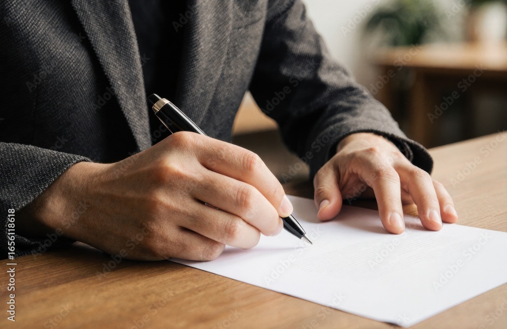 Poster man writing on blank paper with a pen in a professional setting