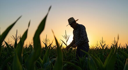 Fototapeta premium A farmer in a field of corn at sunset wearing a hat and checking crops