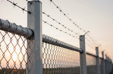 Fototapeta premium A chain-link fence topped with barbed wire stretches into the distance at sunset