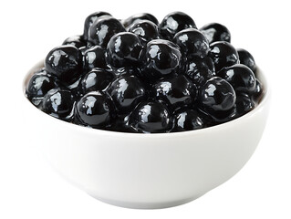 Close up of glossy black tapioca pearls in a white bowl isolated on transparent background