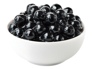 Close up of glossy black tapioca pearls in a white bowl isolated on transparent background