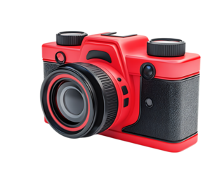 Modern red and black digital camera with lens isolated on transparent background