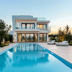 Fototapeta premium Modern and minimalist house with garden swimming pool