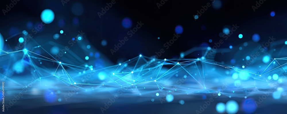 Poster digital network visualization in virtual space with aerial view and blue glow abstract environment